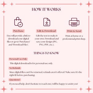 K&ouml;nnte beinhalten: Rosa-wei&szlig;e Grafik mit der &Uuml;berschrift "HOW IT WORKS", die den Ablauf digitaler Downloads erkl&auml;rt. Sie zeigt die Schritte Kaufen, Bearbeiten, Herunterladen und Drucken. Zus&auml;tzlicher Text enth&auml;lt "THINGS TO KNOW" sowie Informationen zur privaten Nutzung und R&uuml;ckerstattung.