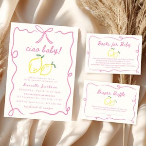Modèle d'invitation de bébé Ciao, livres pour carte de bébé, carte de tombola sur le thème italien de couches pour baby shower, carte de demande de livre de bébé citron Ciao Bambina