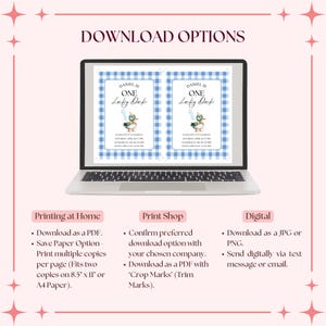 May include: A laptop screen displaying a printable invitation for a first birthday party. The invitation features a cartoon duck with a blue and white checkered background. The text on the invitation reads "Daniel is One Lucky Duck". The image also shows three download options: Printing at Home, Print Shop, and Digital.