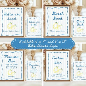 K&ouml;nnte beinhalten: Babyparty-Schilder mit Zitronen-Motiv. Die Schilder enthalten S&auml;tze wie "Babies are Sweet", "Guest Book", "Momosa Bar" und "Custom Sign". Die Schilder sind in goldenen Rahmen mit blau-wei&szlig; gestreiften Hintergr&uuml;nden. Erh&auml;ltlich in 12,7 x 17,8 cm und 20,3 x 25,4 cm Gr&ouml;&szlig;en.