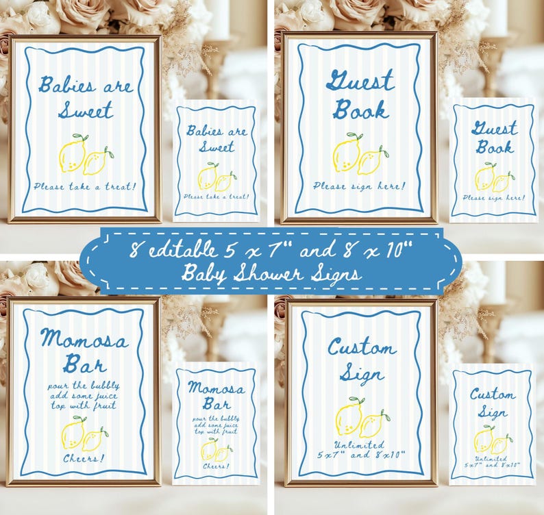 K&ouml;nnte beinhalten: Babyparty-Schilder mit Zitronen-Motiv. Die Schilder enthalten S&auml;tze wie "Babies are Sweet", "Guest Book", "Momosa Bar" und "Custom Sign". Die Schilder sind in goldenen Rahmen mit blau-wei&szlig; gestreiften Hintergr&uuml;nden. Erh&auml;ltlich in 12,7 x 17,8 cm und 20,3 x 25,4 cm Gr&ouml;&szlig;en.
