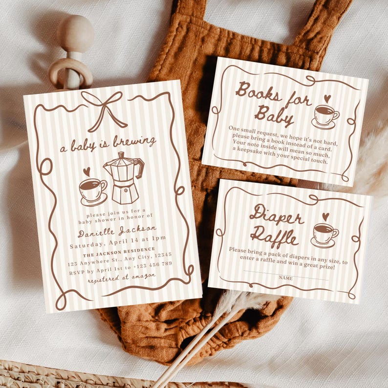 May include: Baby shower invitations and inserts with a vintage design. The main invitation reads "a baby is brewing" with event details. Inserts include "Books for Baby" and "Diaper Raffle" cards, all with coffee cup illustrations and brown accents.
