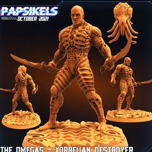 Könnte beinhalten: Eine hellbraune Xorrelian Destroyer-Figur aus der Kollektion "The Omegas", die zwei gebogene Klingen hält. Die Figur steht auf einem strukturierten Sockel, mit zwei kleineren Figuren und einem Wesen mit Tentakeln. Der Text "Papsikels October 2021" steht oben.