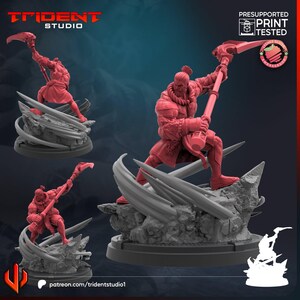 May include: A red 3D-printed figurine of a warrior with a scythe, set on a rocky base. The Trident Studio logo is in the top left, with "Presupported Print Tested" text and a logo in the top right. The website patreon.com/tridentstudio1 is at the bottom.