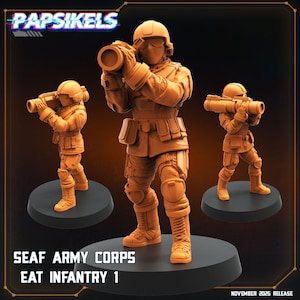 Könnte beinhalten: Drei orangebraune SEAF Army Corps Eat Infantry 1 Figuren. Jede Figur posiert mit einer Waffe, trägt einen Helm und Schutzkleidung. Die Figuren stehen auf schwarzen, kreisförmigen Sockeln. In der oberen linken Ecke steht der Text "Papsikels". Der untere Teil des Bildes enthält den Text "November 2025 Release".