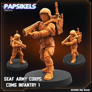 Op de afbeelding: Drie oranje SEAF Army Corps COMS Infantry 1 beeldjes. De middelste figuur is het grootst, met twee kleinere figuren aan weerszijden. Elke figuur poseert met een wapen en een rugzak. De tekst "Papsikels" staat bovenaan.
