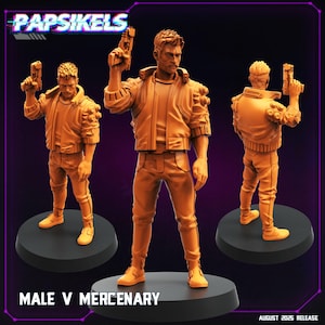 Könnte beinhalten: Drei orangefarbene Figuren einer männlichen Figur in futuristischer Kleidung, die eine Waffe hält. Die Figuren stehen auf schwarzen Sockeln. Der Text "MALE V MERCENARY" steht unten, mit "Papsikels" oben. "AUGUST 2025 RELEASE" ist ebenfalls sichtbar.