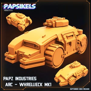 Puede incluir: Representación digital de un vehículo blindado de color naranja-amarillo, el ARC - Whrellieck MK1, con una torreta y múltiples ruedas. La imagen incluye el texto "PAPSIKELS" y "PAPZ INDUSTRIES". El vehículo se muestra desde múltiples ángulos. También es visible "SEPTEMBER 2023 RELEASE".