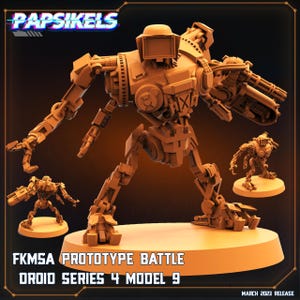 Könnte beinhalten: Ein hellbraunes Modell eines Kampfdroiden mit mehreren beweglichen Gliedmaßen und einem kastenförmigen Kopf. Das Modell trägt die Bezeichnung "FKMSA Prototype Battle Droid Series 4 Model 9" und enthält kleinere Versionen des Droiden. Der Text "Papsikels" steht oben.