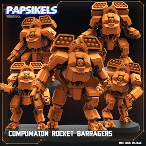 May include: Orange-colored Compumaton Rocket Barragers, a futuristic robot design, are displayed. The image features multiple robots with detailed mechanical features, including missile launchers and articulated limbs. The text "Papsikels" and "May 2026 Release" are also visible.