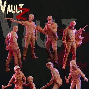 May include: A collection of detailed figurines depicting characters in action poses. The figures are dressed in various outfits and hold weapons such as guns, bats, and knives. The word "VAULT" is displayed in white with a red "Z" overlay.