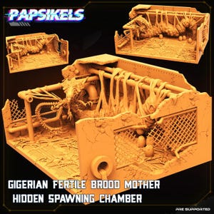 以下が含まれることがあります： Gigerian Fertile Brood Mother Hidden Spawning Chamberの、オレンジ色のミニチュアモデル。複雑な工業デザインで、生き物や吊り下げられた袋などの有機的な要素があります。「Papsikels」と「Gigerian Fertile Brood Mother Hidden Spawning Chamber」の文字が見えます。