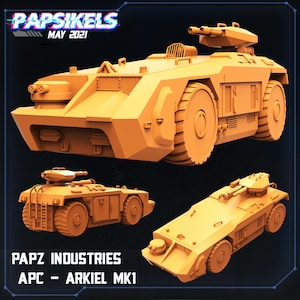 Op de afbeelding: Oranje APC - Arkiel MK1 model met de tekst "Papsikels May 2021" en "Papz Industries". Het model heeft een geschutstoren, grote wielen en een hoekig ontwerp. Er worden drie verschillende weergaven van het model getoond.