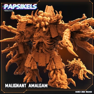 Op de afbeelding: Een gedetailleerd, bruin 3D-model van een monsterlijke figuur, zwaar bewapend met meerdere machinegeweren. De figuur heeft een skeletachtig torso, pantserplaten en een massa tentakels. De tekst "MALIGNANT AMALGAM" staat onderaan.