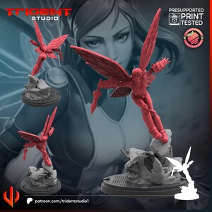 May include: A red 3D-printed miniature of a winged figure with a sword, in a flying pose. The figure is mounted on a detailed grey base. The image includes the Trident Studio logo and text that reads "Presupported Print Tested".