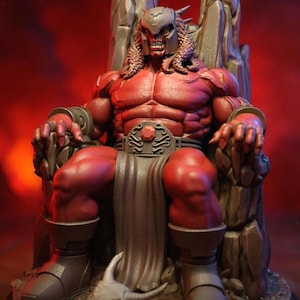 May include: A red, muscular figure of Cyttorak, seated on a stone throne. The figure wears a helmet and belt with intricate details. The image includes the text "CYTTORAK" and "3D PRINTING STL (PRESUPPORTED)".