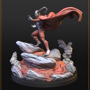 May include: A 3D-printed figurine of a character with a red cape and a horned head, standing on a rocky base with lava and smoke effects. The figurine is labeled "TURNAROUND" and "CHTHON 40MM". The text "OCTOBER PATREON RELEASE 3D PRINTING STLS (PRESUPPORTED)" is also visible.