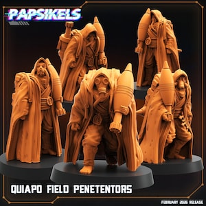 Könnte beinhalten: Orangebraune Miniaturfiguren der Quiapo Field Penetentors, jede mit Kapuzenmantel, Gasmaske und einem großen zylindrischen Gegenstand. Die Figuren stehen auf schwarzen Sockeln. Der Text "Papsikels" und "Quiapo Field Penetentors" ist sichtbar.