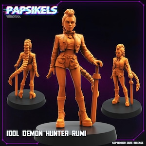 May include: Orange-colored figurine of a female character, holding a sword, with a braid that extends to the ground. The figurine is wearing a jacket, shorts, and boots. The text "IDOL DEMON HUNTER RUMI" is at the bottom.