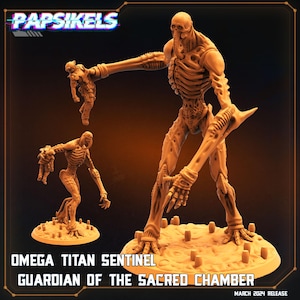 May include: A digitally rendered image of a beige Omega Titan Sentinel figure, a skeletal humanoid with elongated limbs and a detailed rib cage. The figure is posed on a textured base, with the text "OMEGA TITAN SENTINEL GUARDIAN OF THE SACRED CHAMBER" and "MARCH 2024 RELEASE".