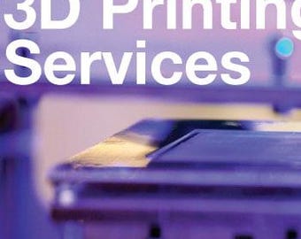 May include: A close-up of a 3D printer with a purple platform and a white label that reads "3D Printing Services".