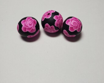 3 Pc Pink Roses on Black Floral Polymer Clay Round Beads