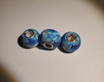 Aqua Floral BHB Large Hole Handmade Artisan Polymer Clay Beads Sterling Silver