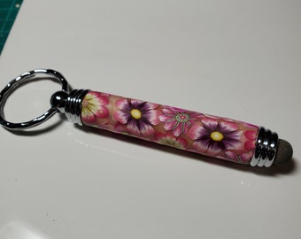 Pink Floral Secret Compartment Key Chain with Mesh Stylus