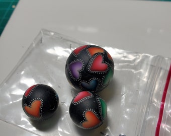 3 Pc Hearts on Black Polymer Clay Round Beads