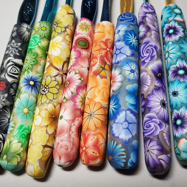 Polymer Clay Crochet Hooks Florals Ergonomic Handles Choice of Colors Sizes Boye