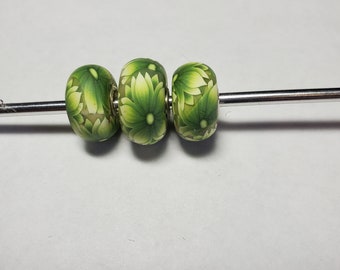 Green Floral Large Hole Beads Sterling Silver Polymer Clay European