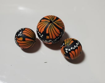 3 Pc Monarch Butterfly Wing Polymer Clay Round Beads