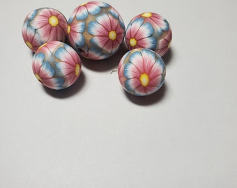 5 Pc Blue and Pink Floral Polymer Clay Round Beads