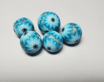 5 Pc Teal Aqua Floral Polymer Clay Round Beads