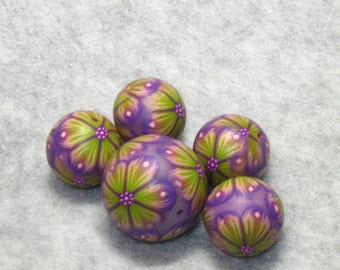 5 Pc Purple and Green Floral Polymer Clay Round Beads