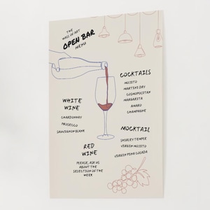 ZNAK PLAKATOWY Otwarte menu baru | 21x28 Wydrukuj wybór napojów | Elegancka lista koktajli i win na wydarzenia