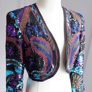 Vintage Hand-Beaded Silk Sequin Bolero Jacket - A Glamorous Statement Piece S/M