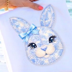 Blue Toile Bunny Face Clipart, Grandmillennial Patchwork Easter PNG (Digital Download)