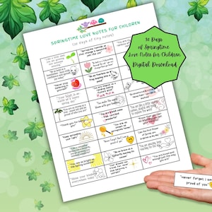 Puede incluir: Un conjunto imprimible de 30 afirmaciones positivas para niños, con ilustraciones de temática primaveral y mensajes alentadores. Las notas están diseñadas para ser utilizadas como un recordatorio diario de amor propio y confianza. El texto incluye frases como "Eres tan dulce como la miel de primavera" y "Eres valiente como una mariposa que alcanza su capullo."