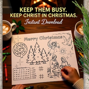 Peut inclure: Une page de coloriage de Noël en noir et blanc avec le texte "Merry Christmas" et des illustrations d'un labyrinthe, de sapins de Noël, d'un ange et d'une scène de la nativité. Le texte "KEEP THEM BUSY. KEEP CHRIST IN CHRISTMAS. Instant Download" est en haut.