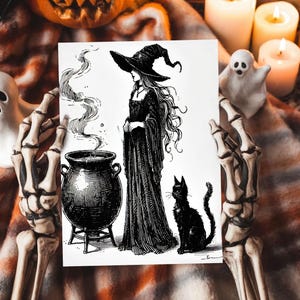 Halloween-heks met een zwarte kat-wenskaart, digitale download, Halloween-wenskaart, Halloween-wensen brouwen, Witchy-vibes