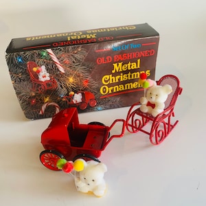 Vintage Pair of Old Fashioned Metal Christmas Ornaments with Teddy Bears