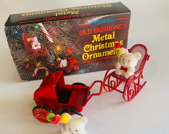 Vintage Pair of Old Fashioned Metal Christmas Ornaments with Teddy Bears