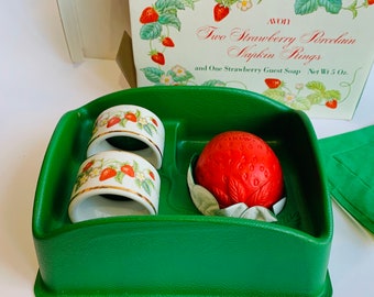 Vintage Avon Two Strawberry Porcelain Napkin Rings and One Soap