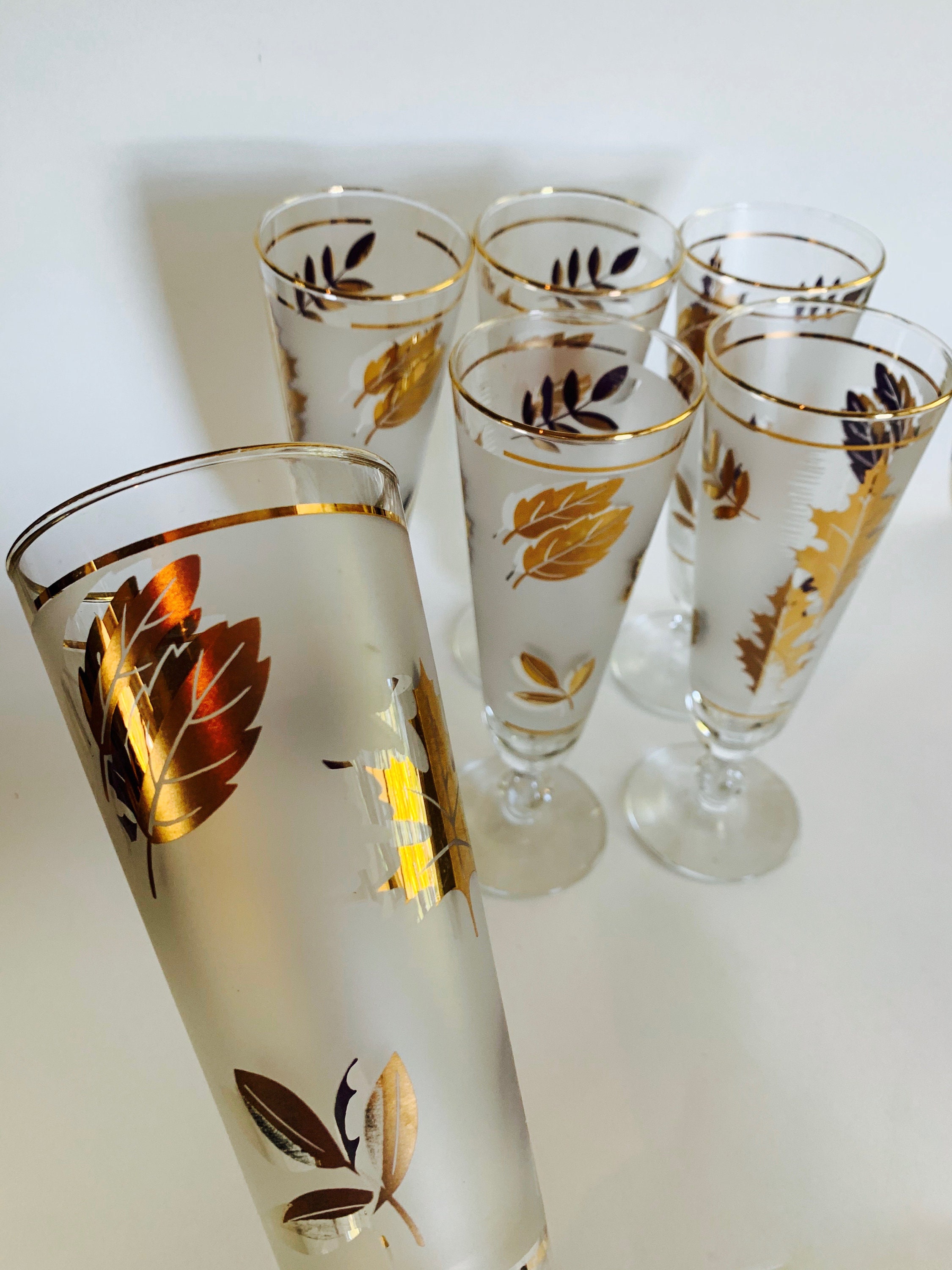 Set of 6 MCM Cocktail / Wine Glasses with Gold Squiggles and Frosted - Ruby  Lane
