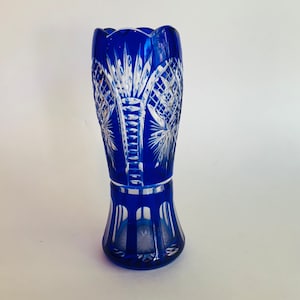 Vintage Bohemian Czech Crystal Vase, Blue and Clear