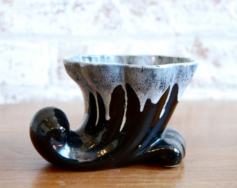 Vintage Cornucopia Mid Century Pottery Vase, Drip Glaze, Black, Home Decor