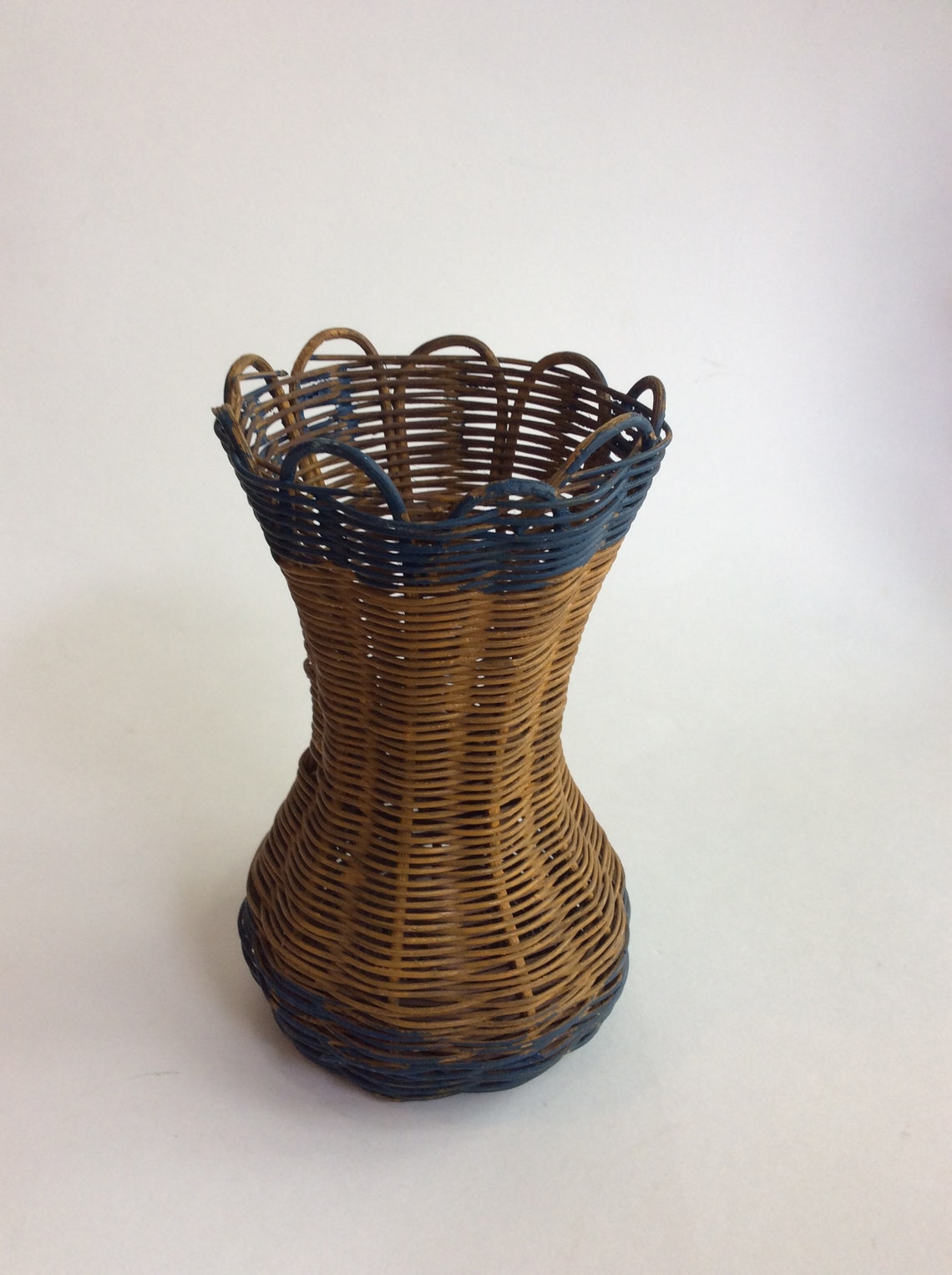 Vintage Woven Basket Vase Blue Stripes Etsy