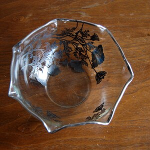 Vintage Glass Bowl, Reverse Silver Floral Painting image 1