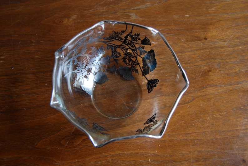 Vintage Glass Bowl, Reverse Silver Floral Painting image 1